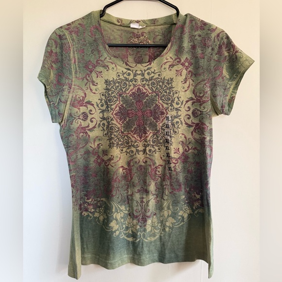 Self Esteem Tops - Self Esteem Green and Pink Patterned Short Sleeve Top